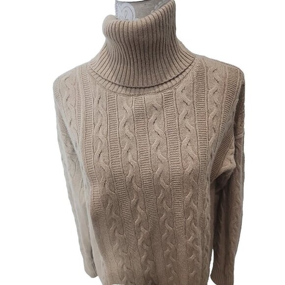 Kokun Cashmere Wool Cable Knit Turtleneck Tan Sweater Women's Small - Picture 2 of 11